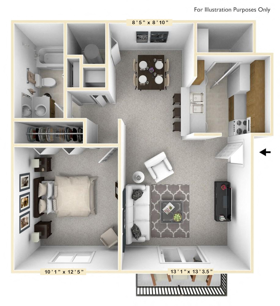 Floor plan for 1 bed, 1 bath, 625 sqft